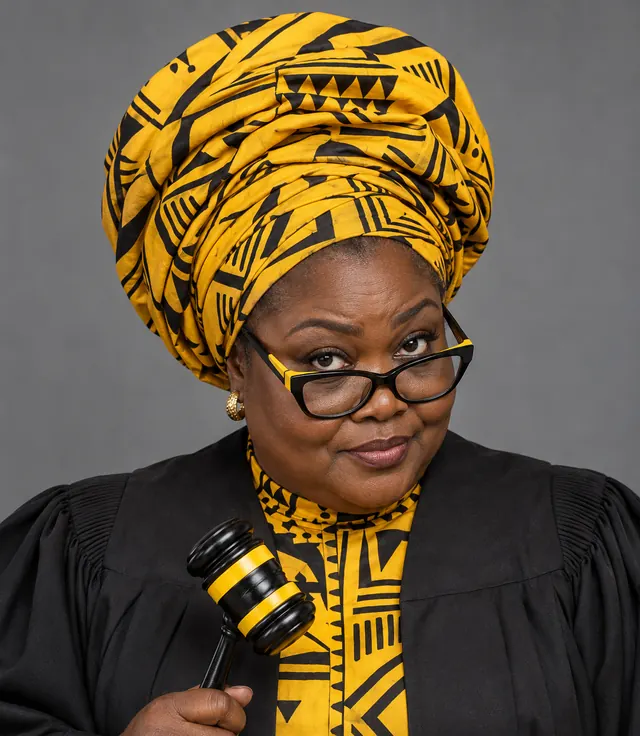 Madam TalkLast, host of Yawa Court on YawaDrama, in a yellow-and-black gele and glasses, holding a gavel